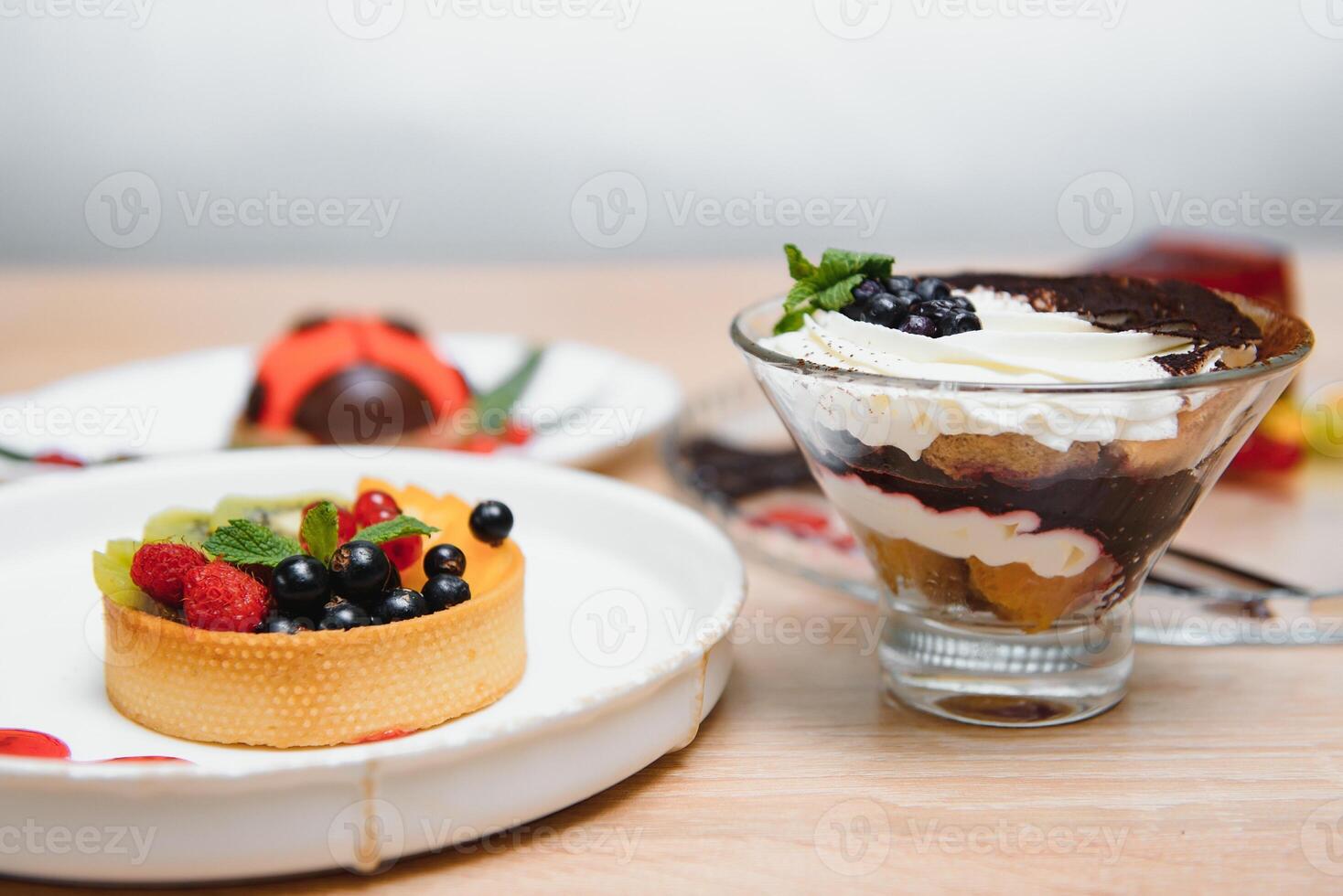 different desserts on the table in a cafe photo