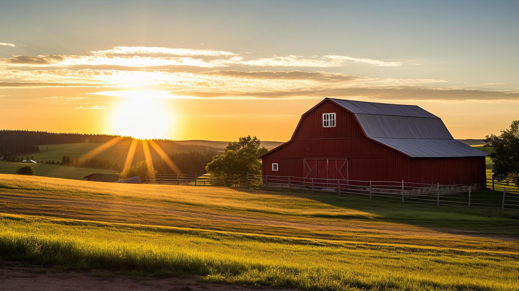 AI generated Red Barn With Setting Sun photo