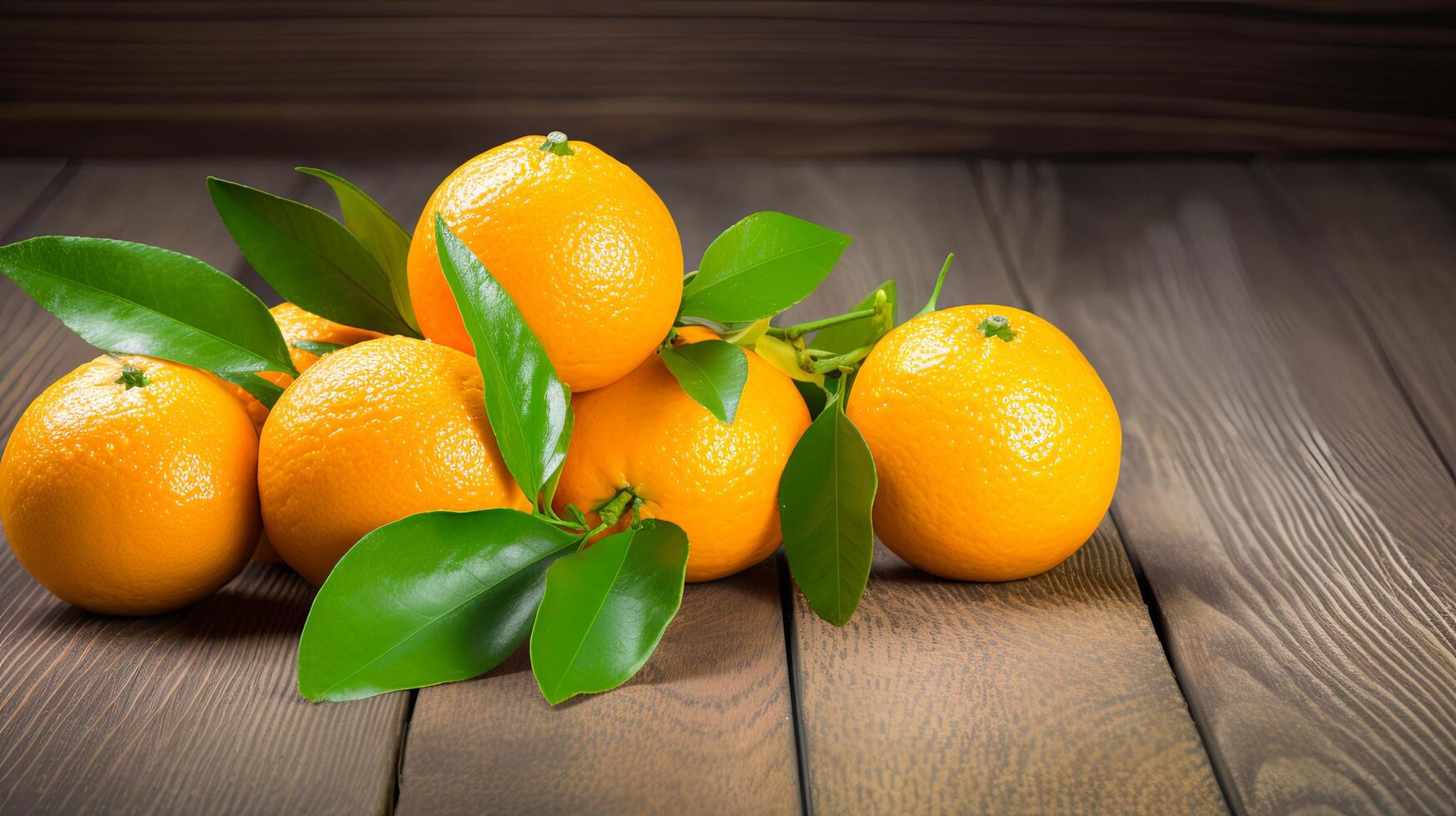 AI generated A Pile of Oranges With Green Leaves on a Wooden Table photo