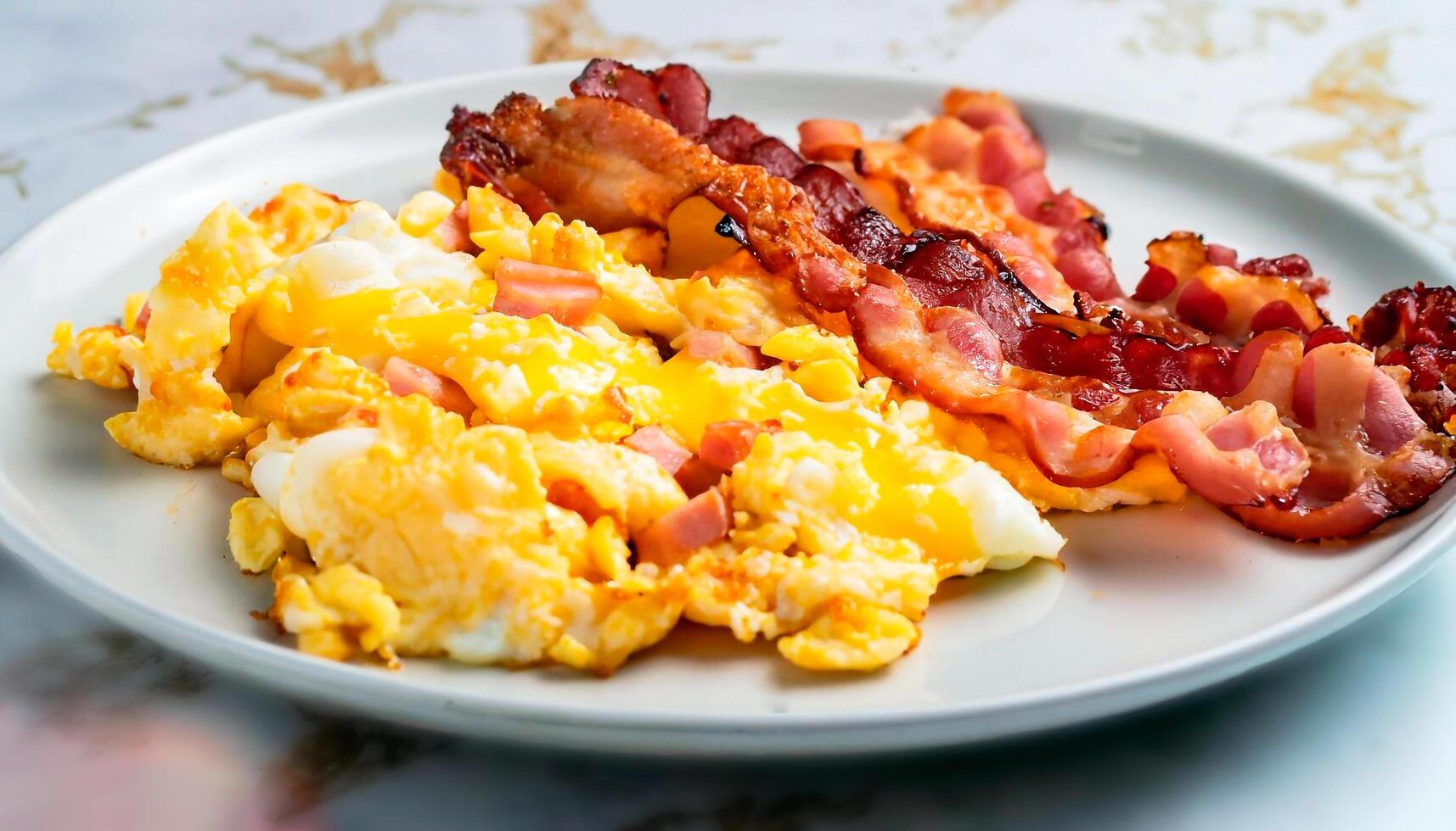 el foto de frito tocino y revuelto huevos en un plato en un blanco mármol servicio mesa