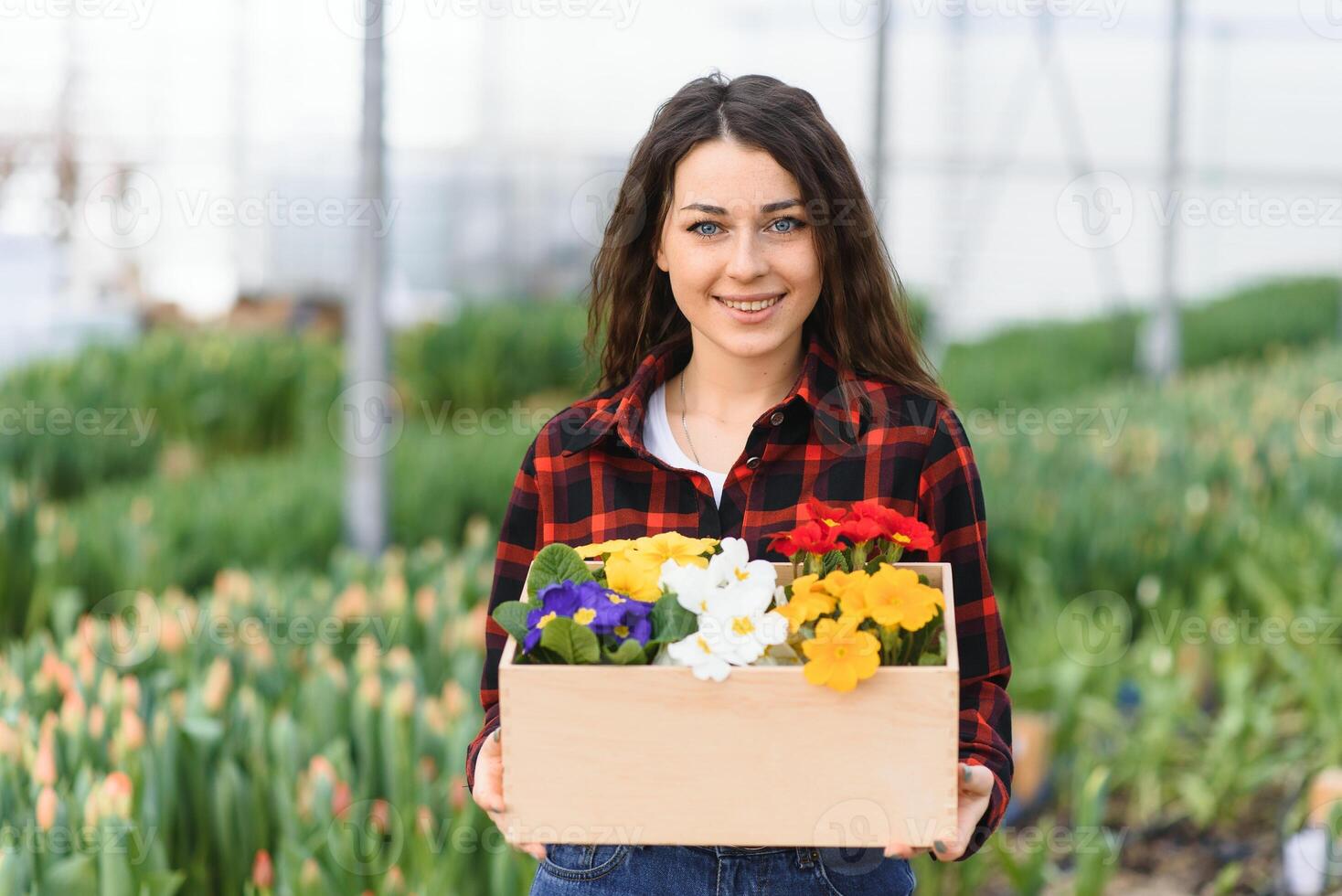 Beautiful young smiling girl, worker with flowers in greenhouse. Concept work in the greenhouse, flowers. photo