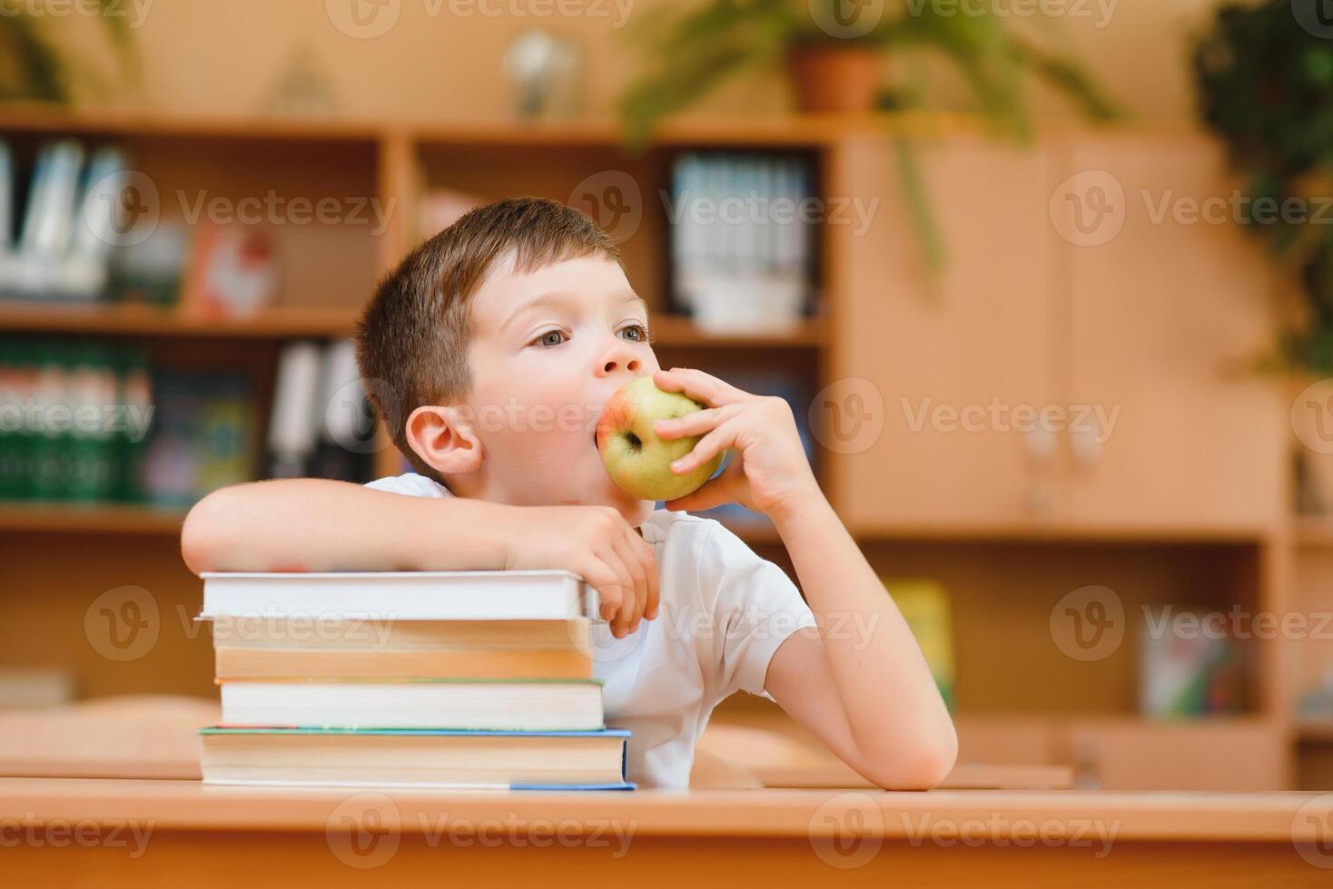 education and school concept - smiling little boy with many books at school photo