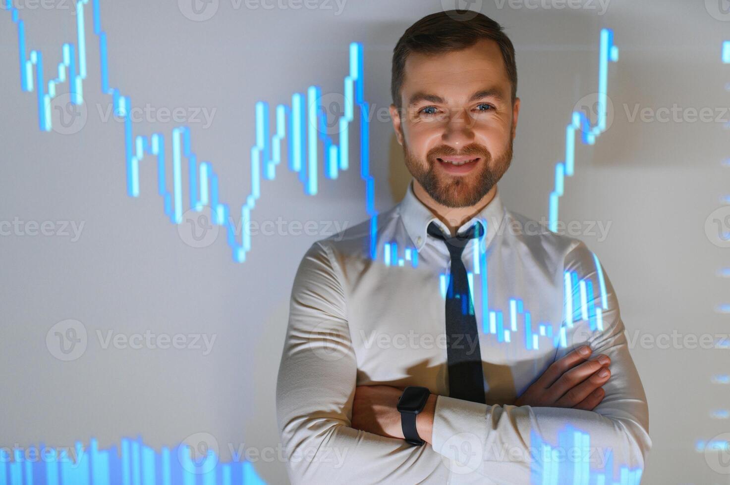 Portrait of concerned European businessman thinking in blurry office with double exposure of falling financial chart. Concept of crisis and stock market. photo