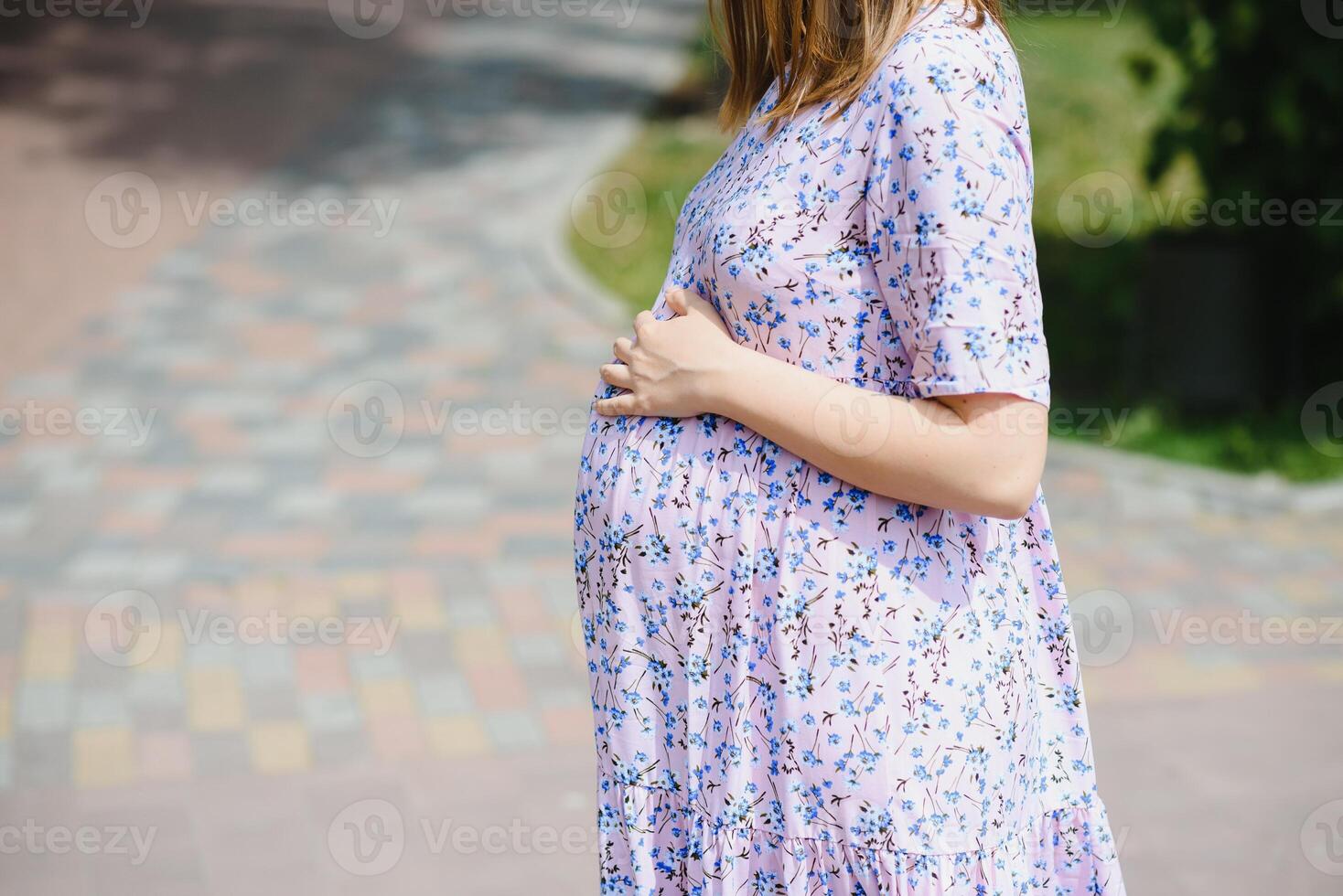 The pregnant girl on walk in city park photo