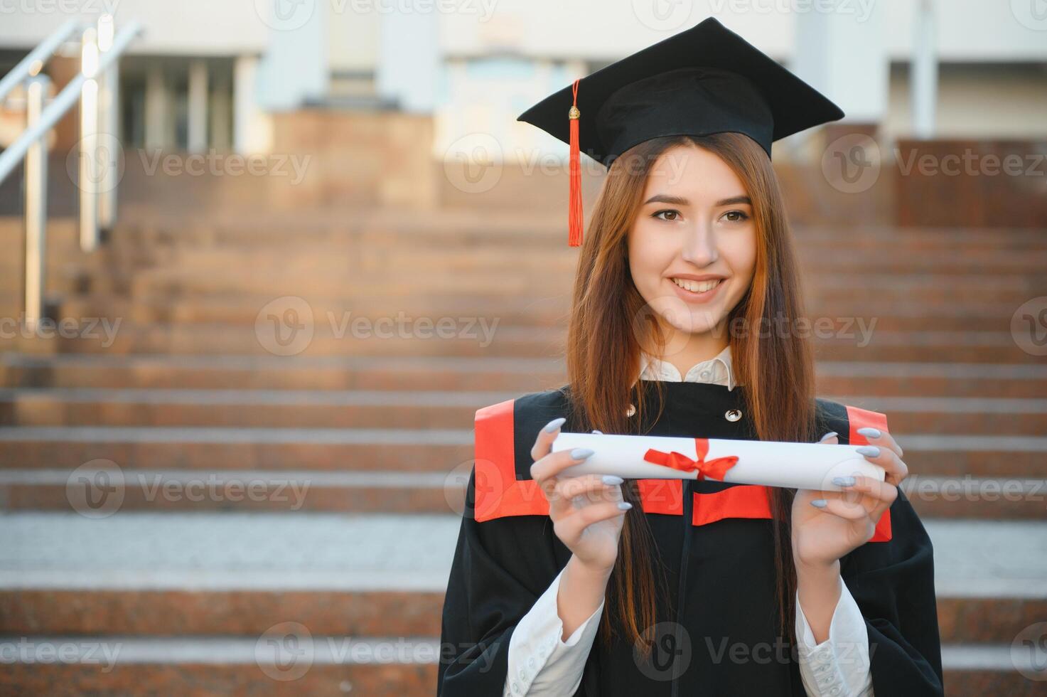 Portrait happy woman on her graduation day University. Education and people. photo