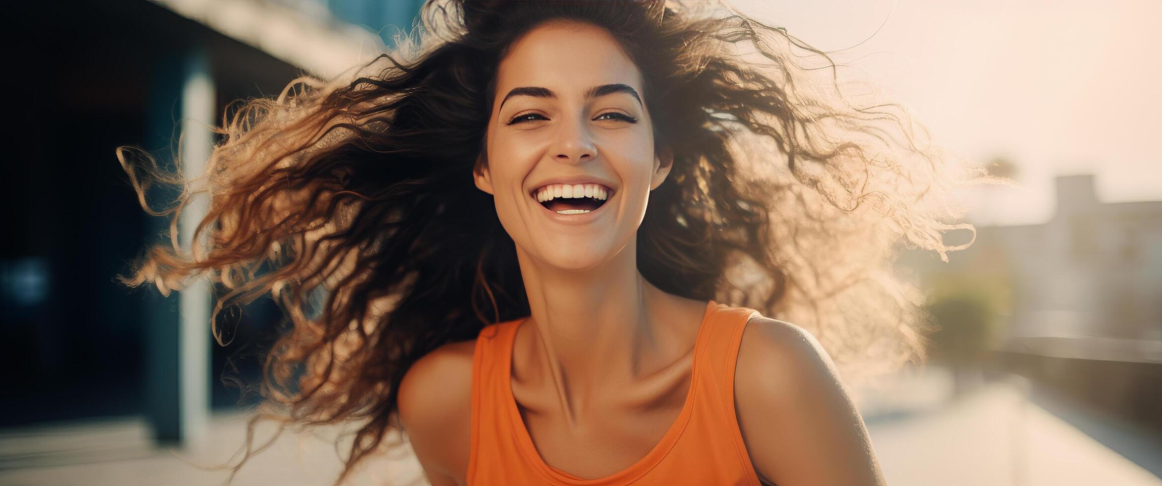 ai generado un atractivo joven mujer sonriente como ella carreras lejos foto