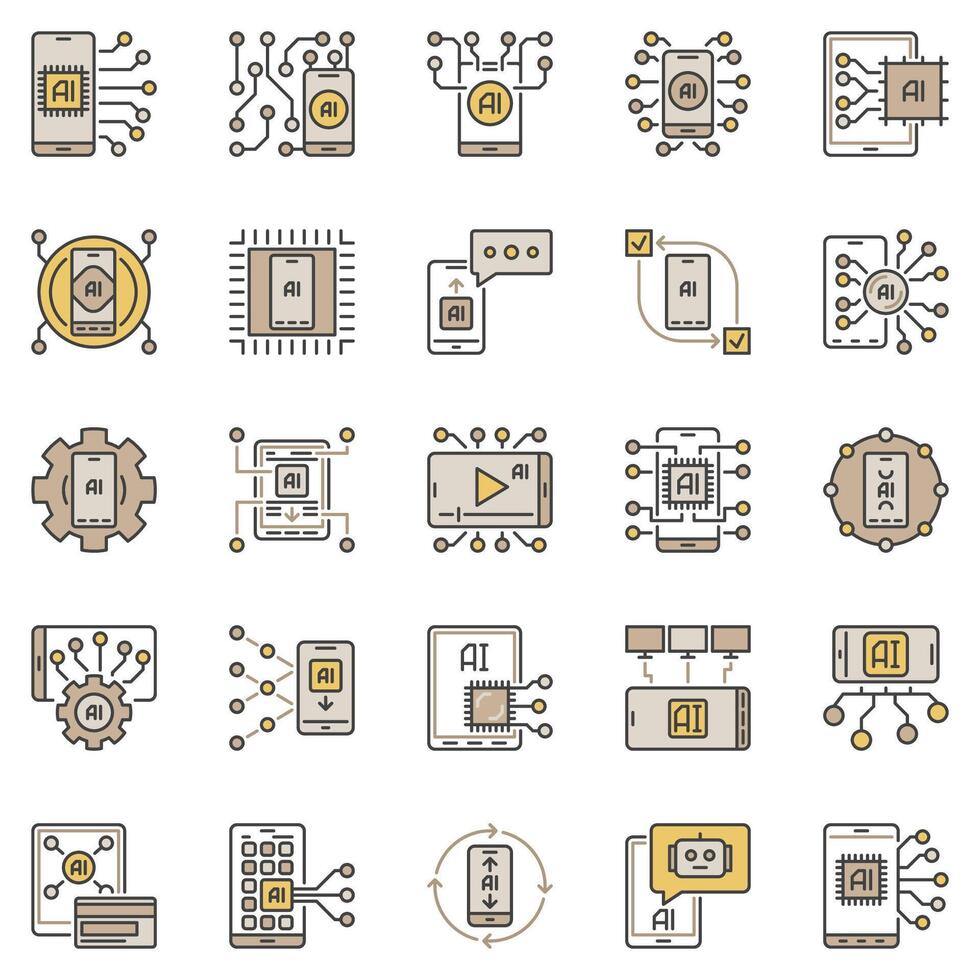 Artificial Intelligence in Smartphone colored icons. Phone with AI and Machine Learning Technology concept signs set vector