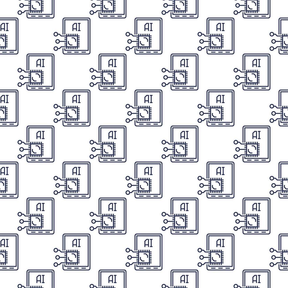 Artificial Intelligence inside Tablet vector AI Technology outline seamless pattern