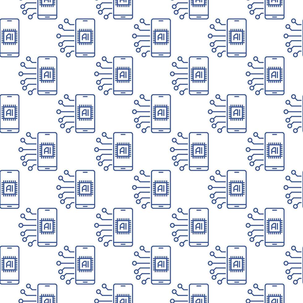 Mobile AI Cyber Technology in Smartphone vector Artificial Intelligence outline seamless pattern