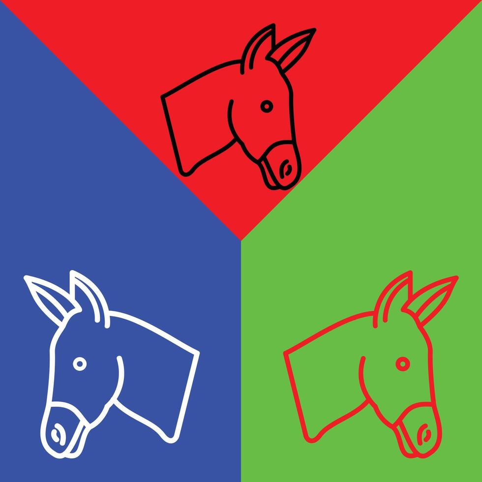 Donkey Vector Icon, Lineal style icon, from Animal Head icons collection, isolated on Red, Blue and Green Background.