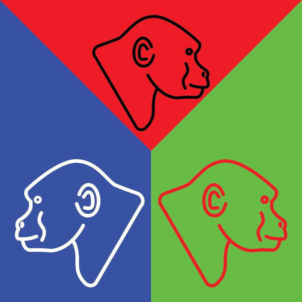 Gorilla Vector Icon, Lineal style icon, from Animal Head icons collection, isolated on Red, Blue and Green Background.