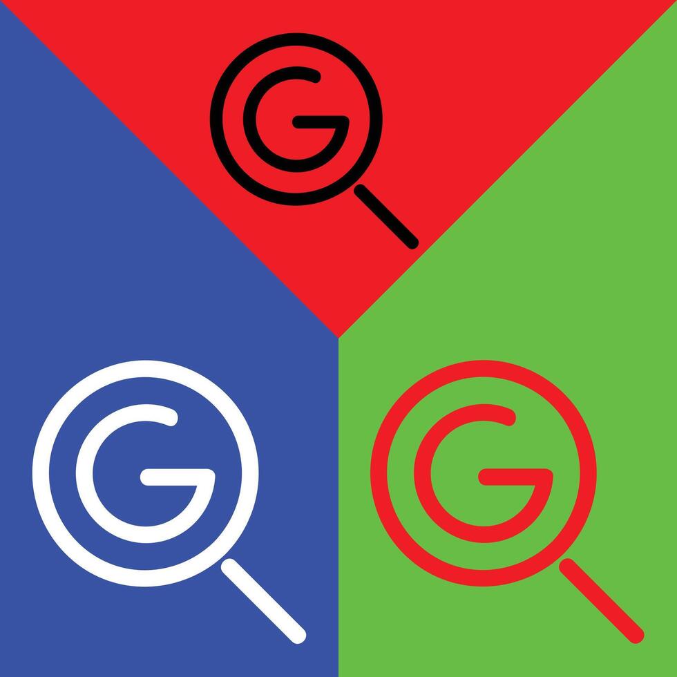 Search vector Icon, Outline style, isolated on Red, Green and Blue Background.