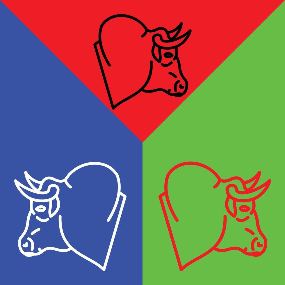 Bull Vector Icon, Lineal style icon, from Animal Head icons collection, isolated on Red, Blue and Green Background.