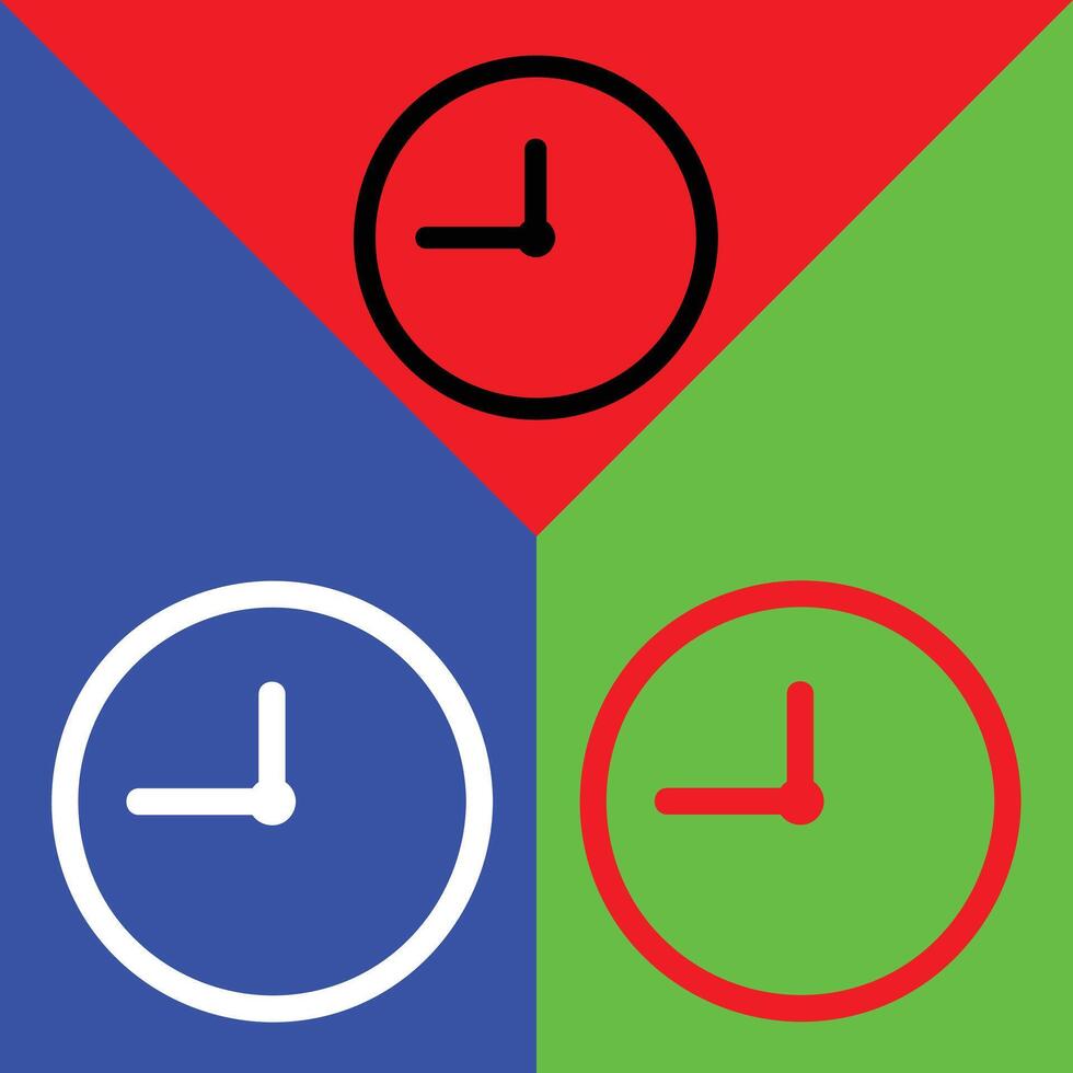 Clock Vector Icon, Outline style, isolated on Red, Green and Blue Background.