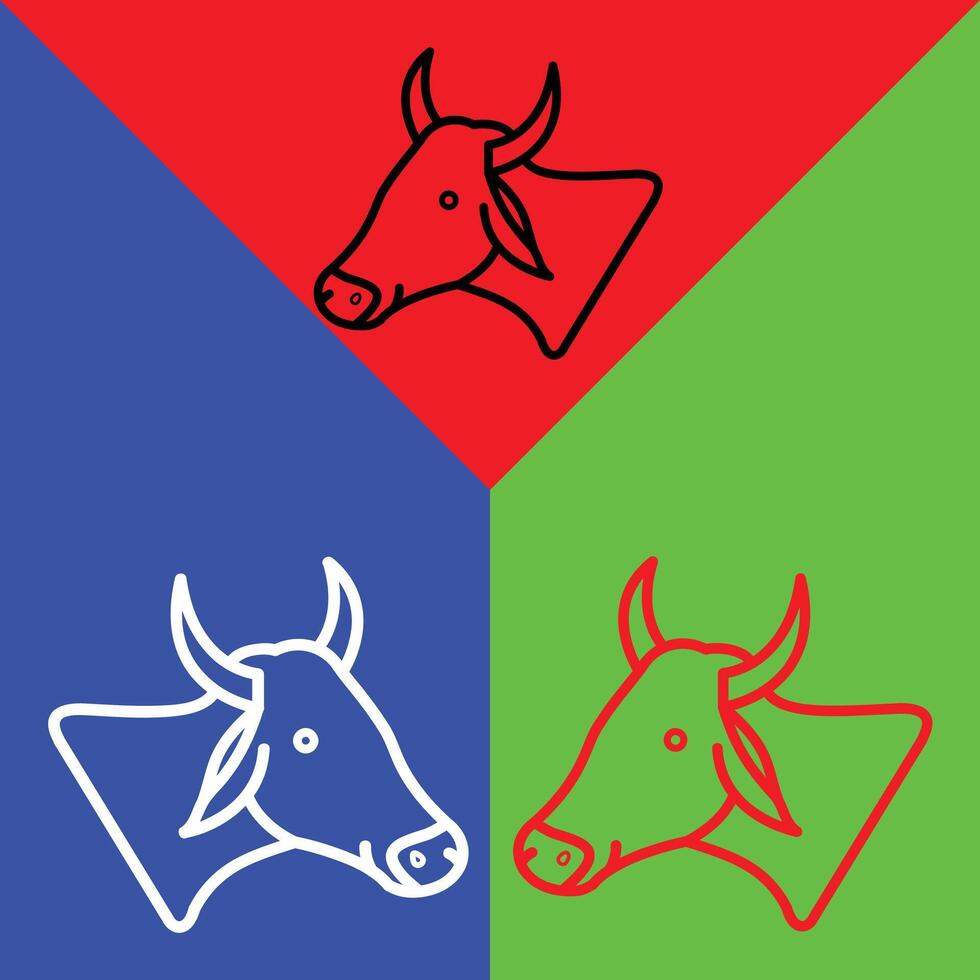 Cow Vector Icon, Lineal style icon, from Animal Head icons collection, isolated on Red, Blue and Green Background.