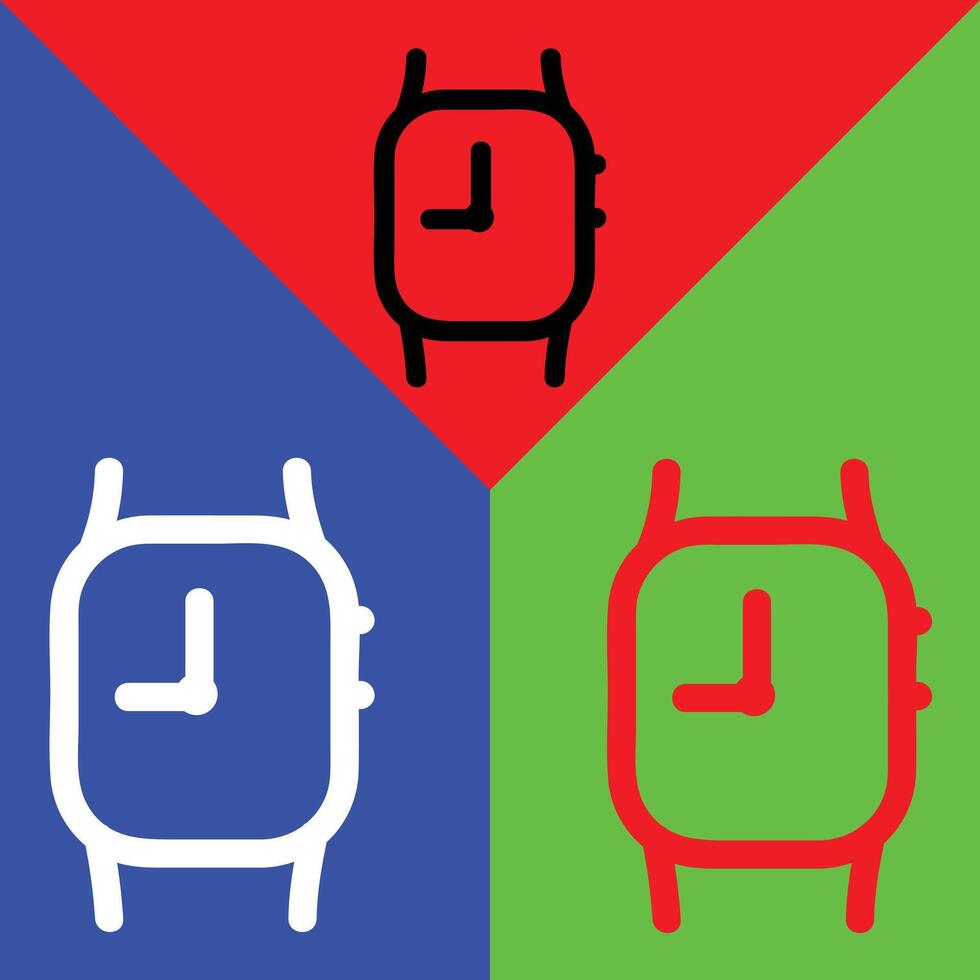 Smartwatch app vector icon, Outline style, isolated on Red, Green and Blue Background.