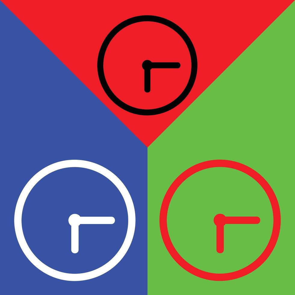 Clock Vector Icon, Outline style, isolated on Red, Green and Blue Background.