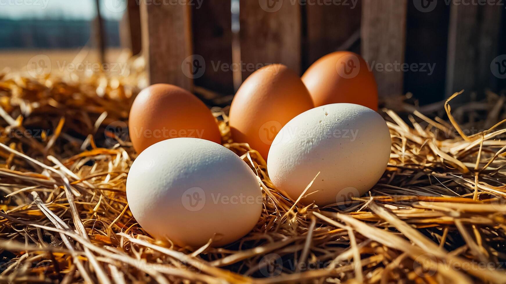 AI generated fresh eggs in straw photo