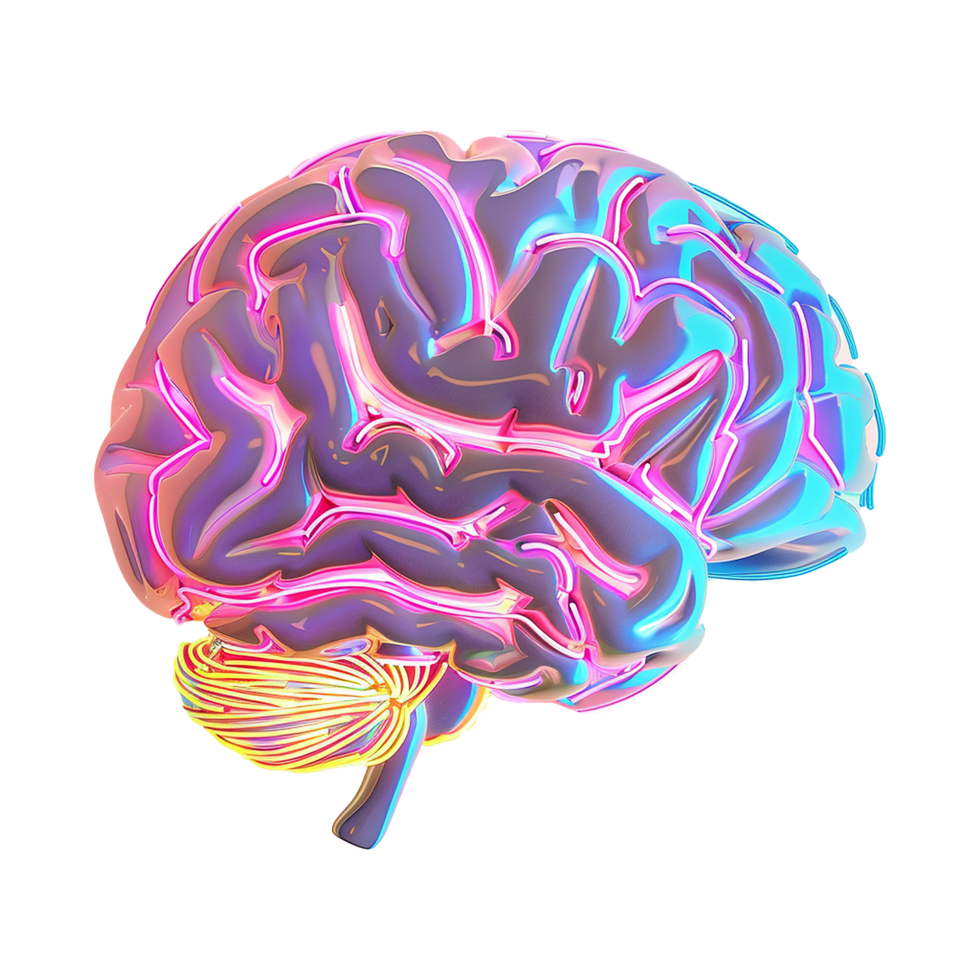 AI generated Human brain made by neon glow light isolated on transparent background png