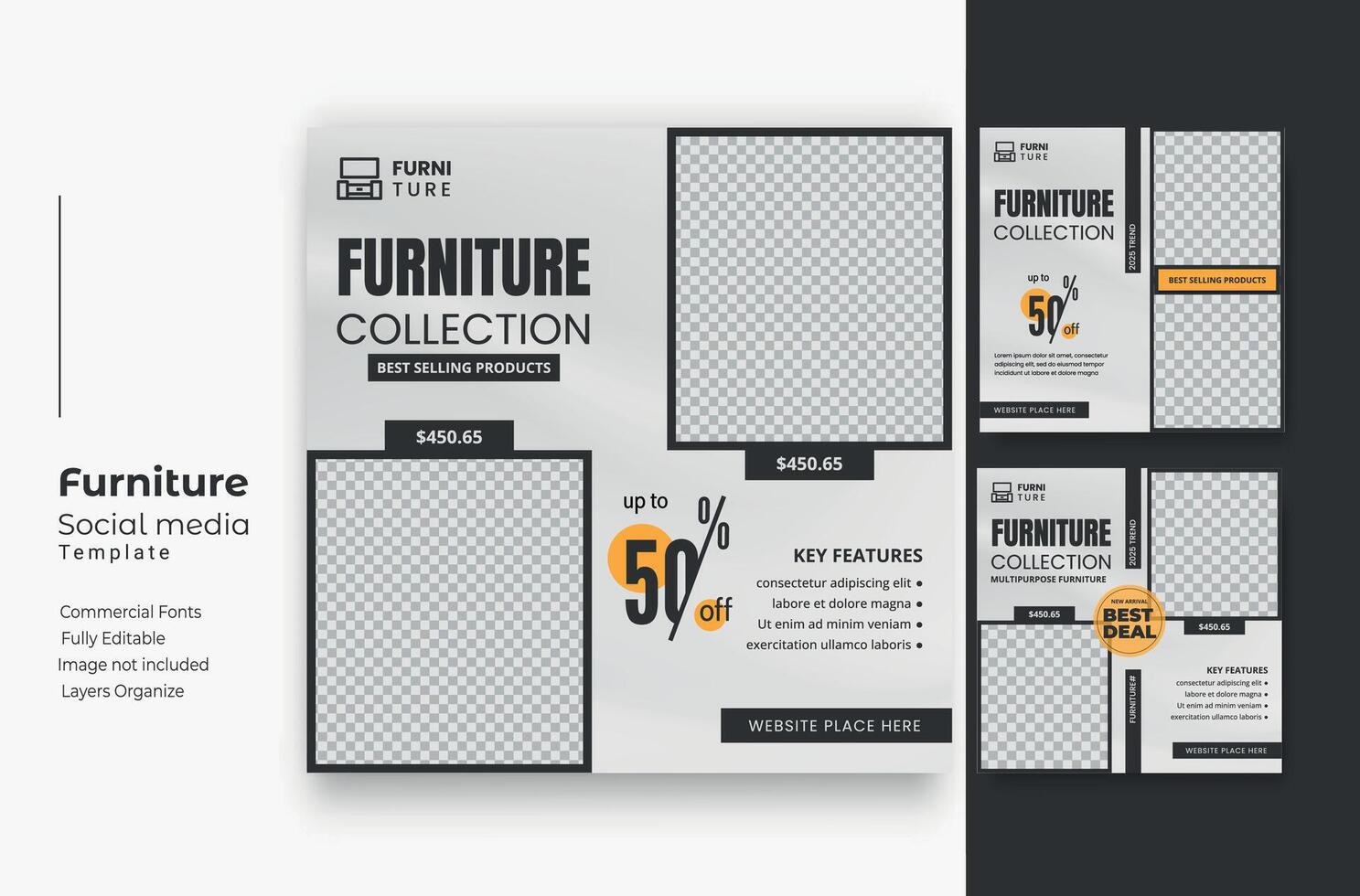 Furniture Social Media Post Template, Editable Post Template Social Media Banners. vector