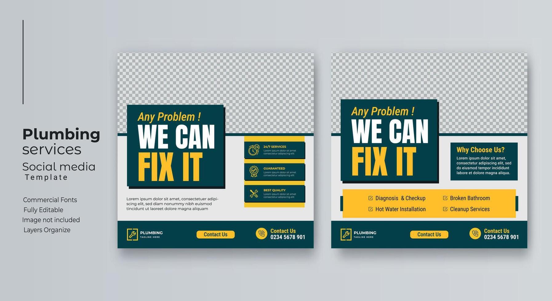 Plumbing service social media post template, Web banner template vector