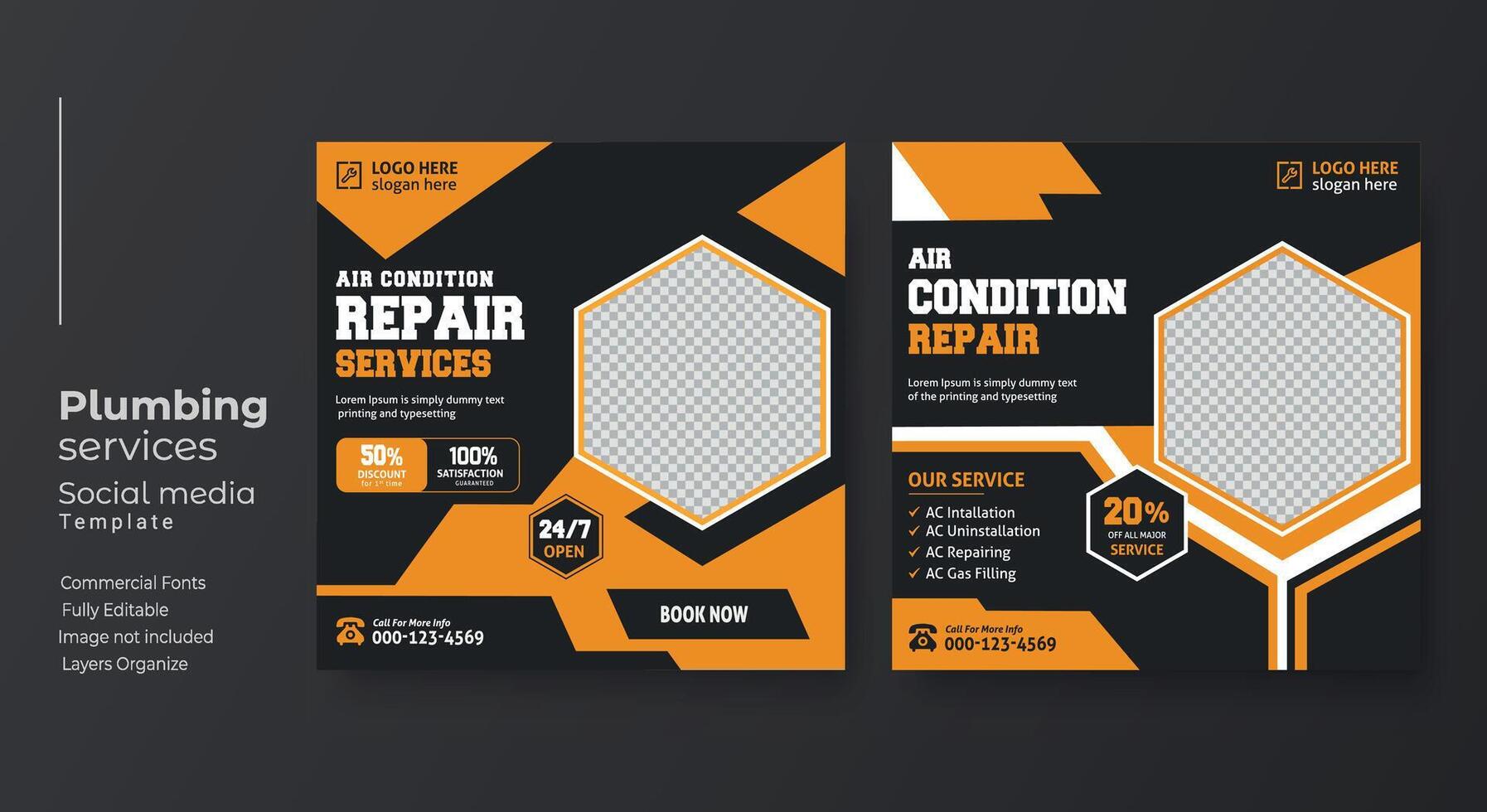 AC repair plumbing services social media post template vector