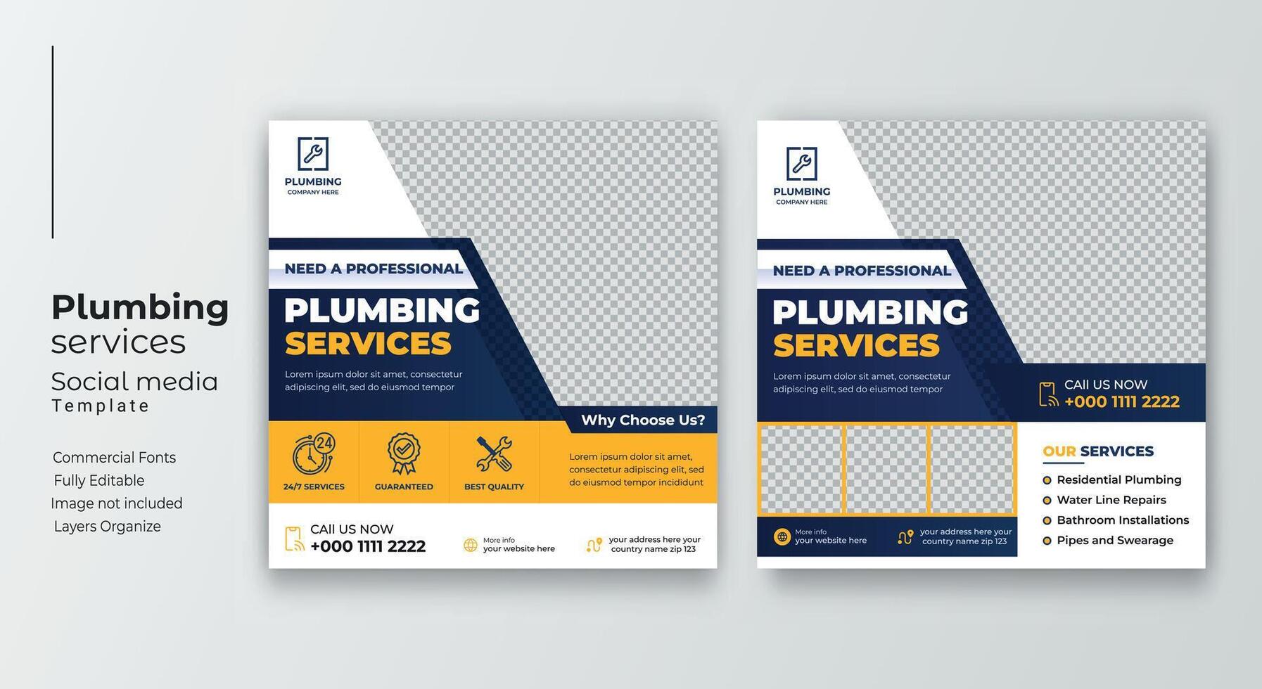 Plumbing service social media post template, Web banner template vector