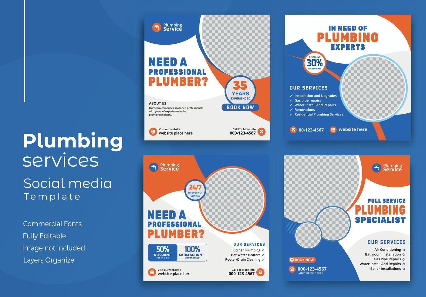 Plumbing service social media post template, Web banner template vector