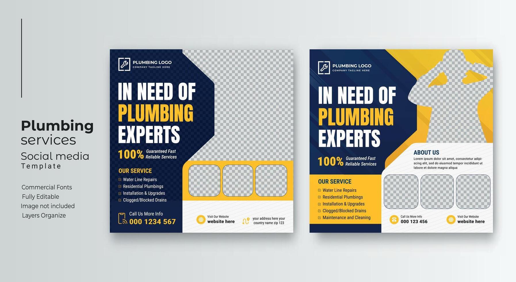 Plumbing service social media post template, Web banner template vector
