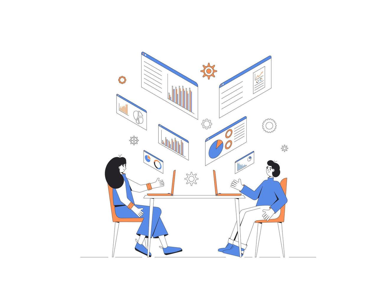 Data scientists. Business analyst concept. Characters with schemes and diagrams. Female and male financial researchers. Vector color line art illustration.