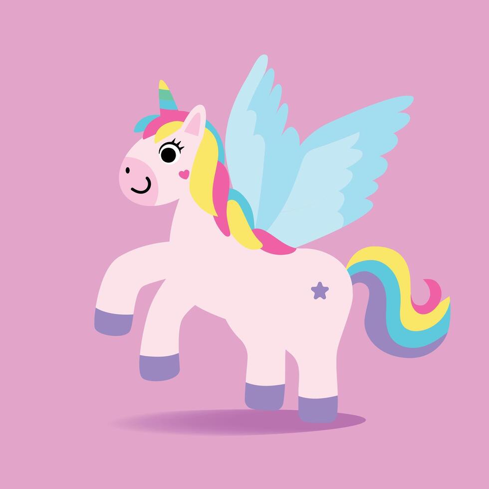 Adorable Unicorn illustration.Cute Little Baby Unicorn with Rainbow Hair and white wings. vector