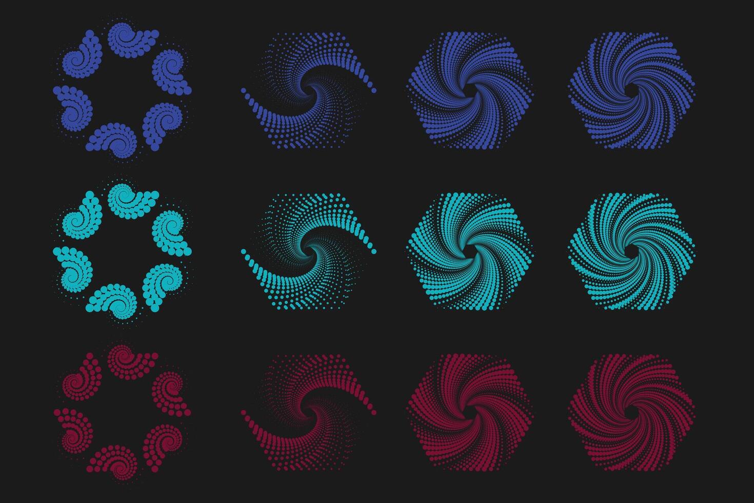 Halftone circular spiral logo set. Circular dotted isolated on the white background. vector