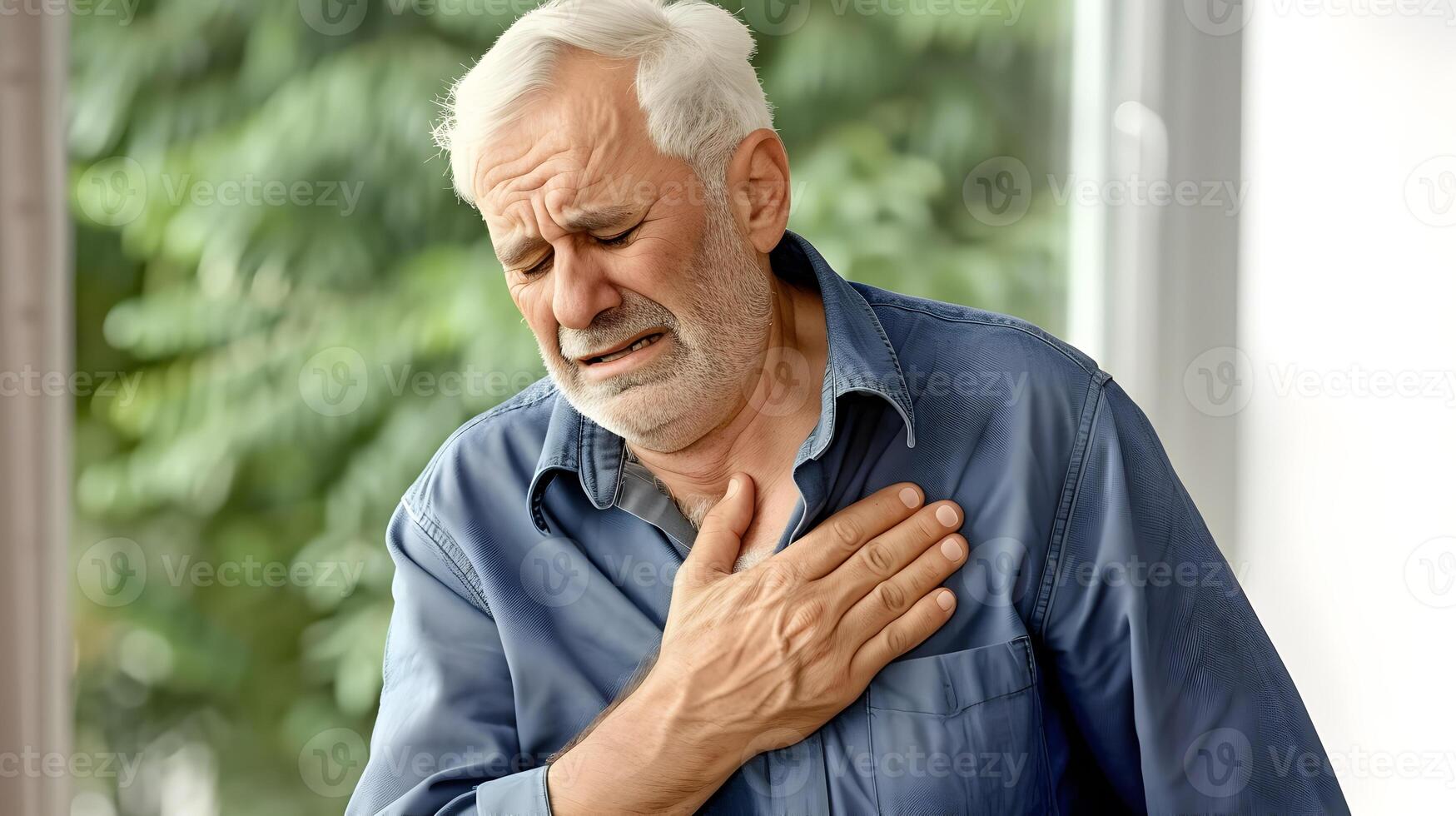 AI generated Caucasian elder man with chest pain. Heart attack patient. photo