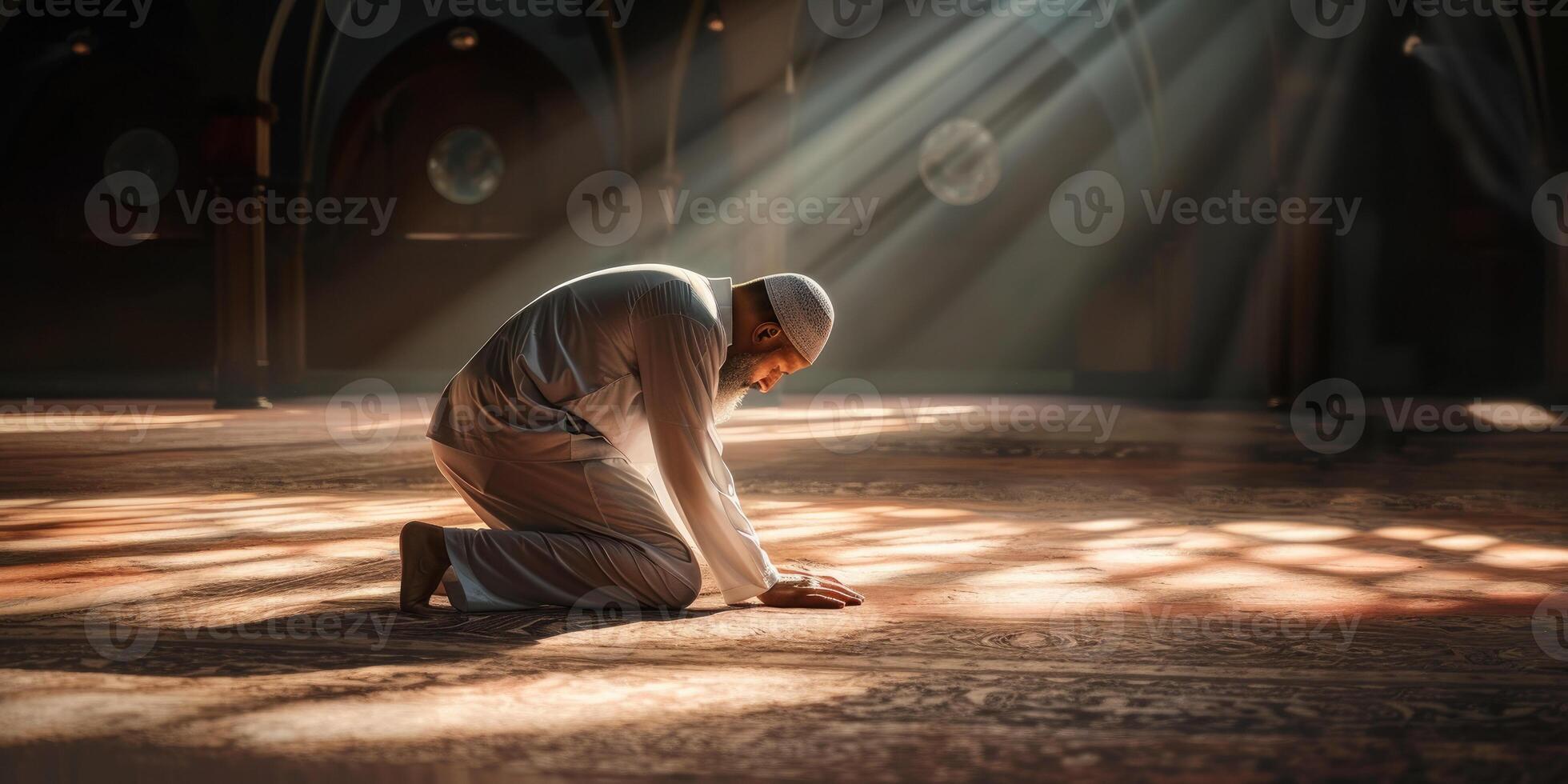AI generated Silhouette of Indonesian Muslim man praying in the mosque photo