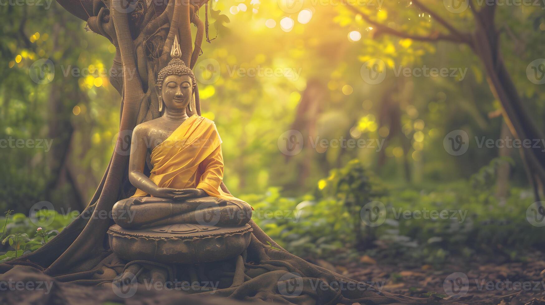 AI generated Buddha statue meditating near big tree. photo