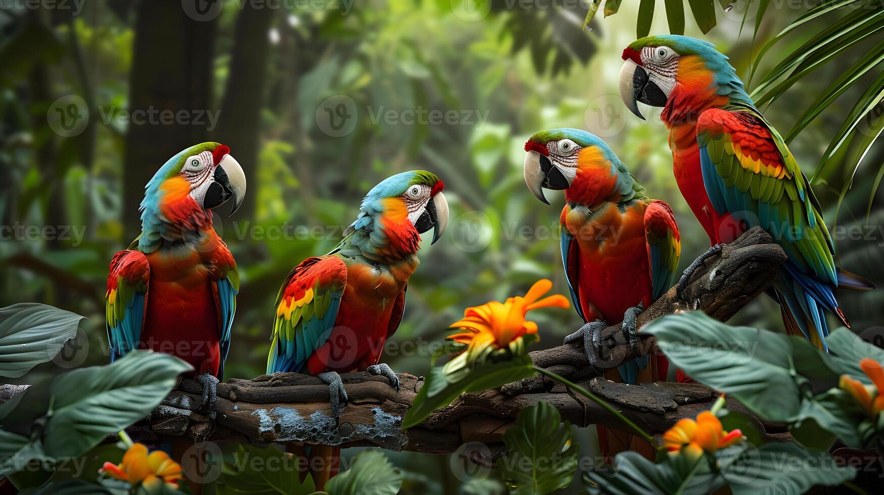 ai generado guacamayo loro aves en un rama de árbol en el selva foto