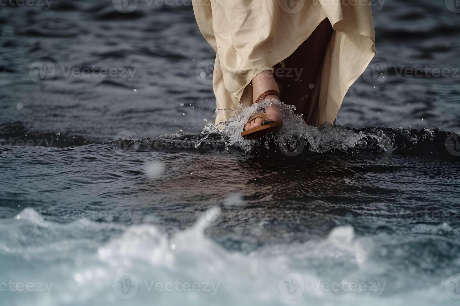 ai generado Jesús Cristo caminando en agua a mar. foto