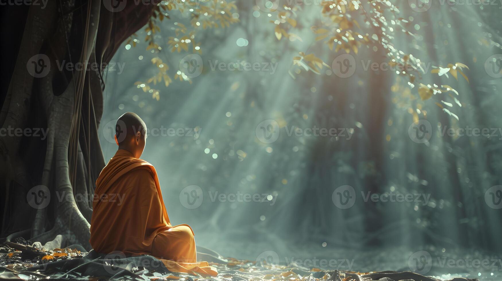 AI generated Buddhist monk in meditation beside a tree in the jungle photo