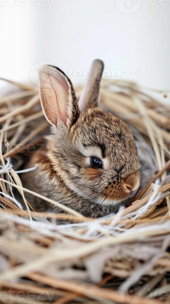 AI generated Tiny Bunnies, a litter of baby bunnies nestled in a cozy nest on a white background, background image, generative AI photo