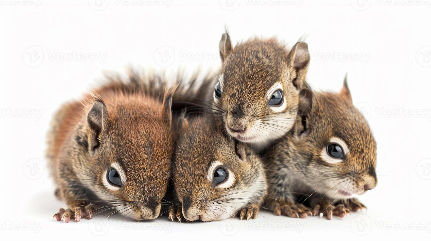AI generated Sweet Squirrels, a trio of sweet squirrel kits cuddled up together on a white background, with fluffy tails and bright eyes, background image, generative AI photo