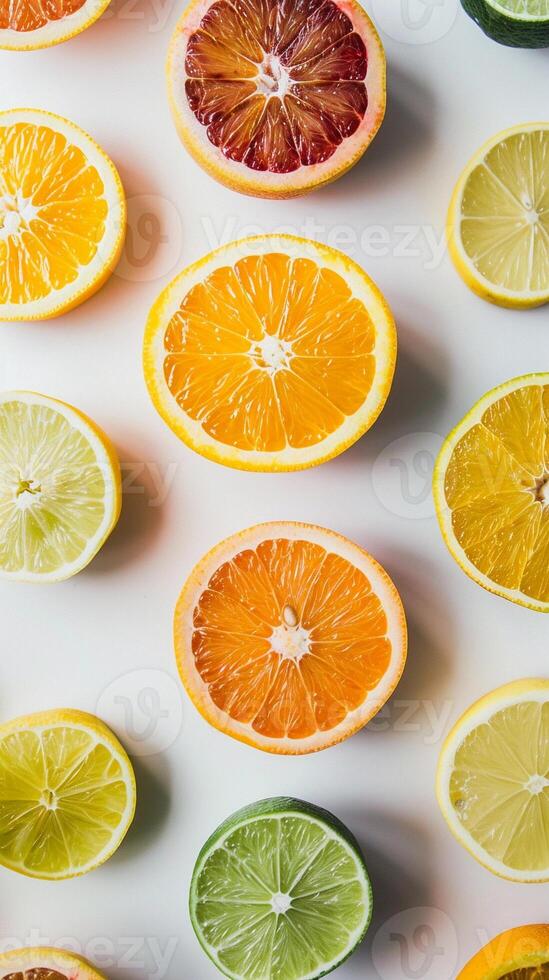 AI generated Sliced Citrus, variety of citrus fruits such as oranges lemons and limes on a white background, generative AI, background image photo