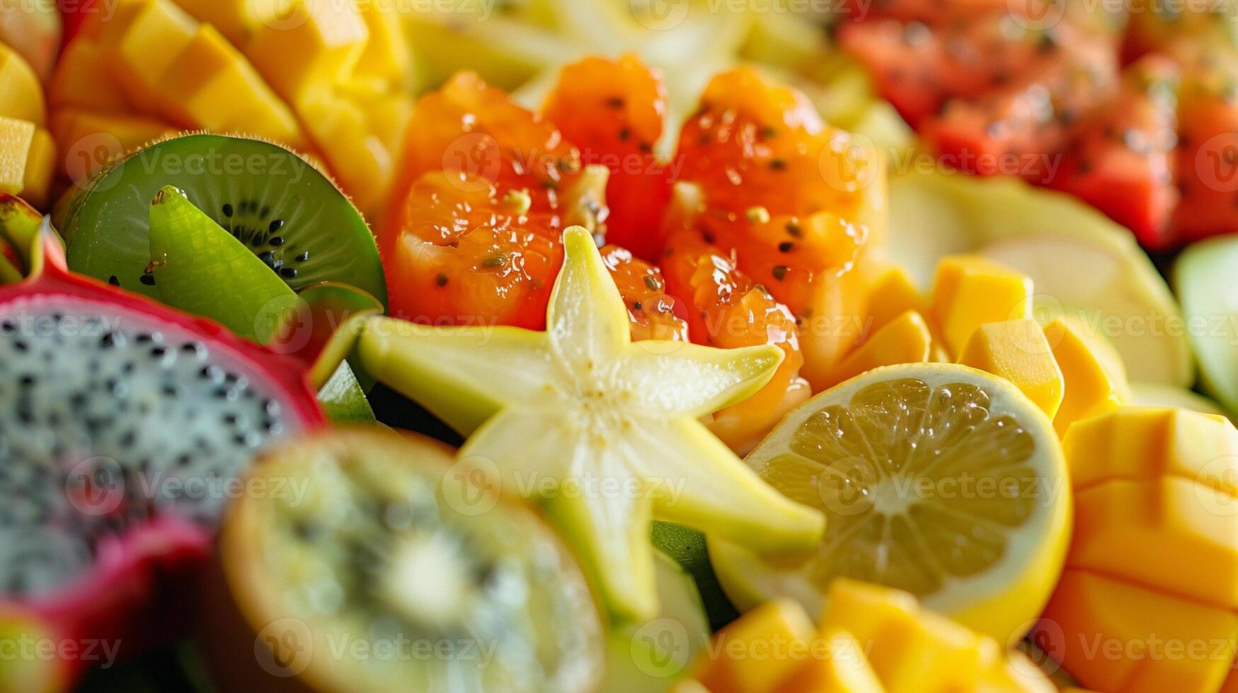 ai generado de cerca Disparo de exótico frutas me gusta Fruta estrella, Dragon de fruta y maracuyá, generativo ai, antecedentes imagen foto