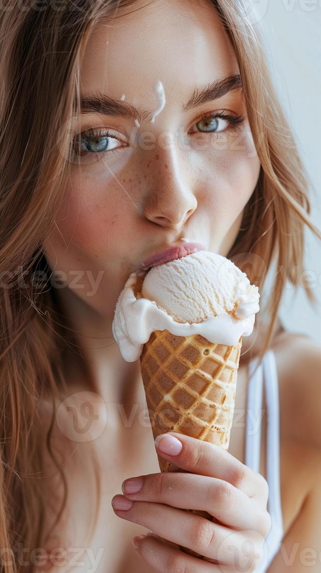 AI generated Girl licking a scoop of ice cream from a cone, with a