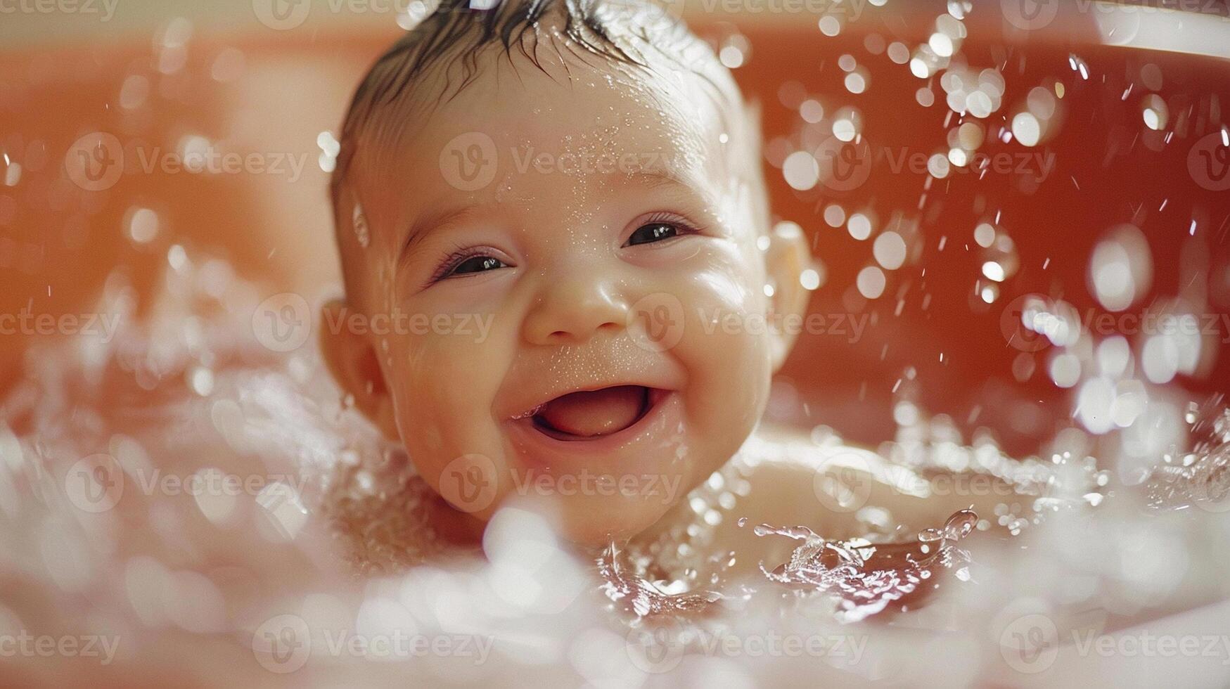 AI generated Bath time giggles, A playful scene of a newborn enjoying a warm bath, splashing softly and smiling brightly, generative AI, background image photo