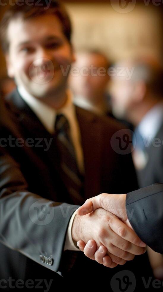 AI generated Networking and Connection, a business man engaging in networking activities, such as shaking hands with clients or attending a professional event, generative AI photo