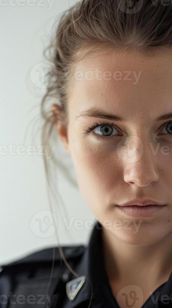 AI generated A close-up of the police woman with a serious expression on her face, looking directly at the camera with determination, against a white backdrop, generative AI photo