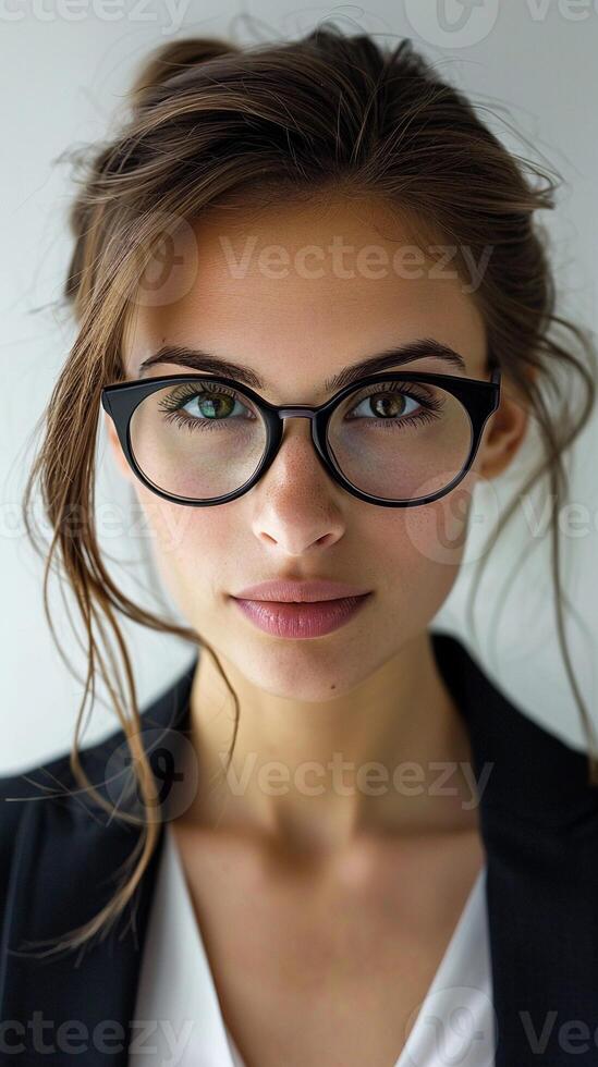 AI generated Focused Professional, close-up of a businesswoman wearing glasses, with a serious and focused expression as she looks directly at the camera, generative AI photo