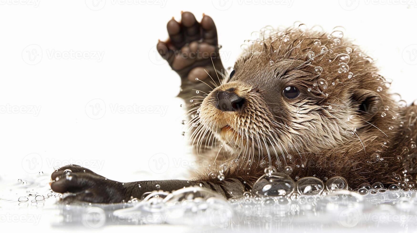 AI generated Swimming Otter Kit, A baby otter kit playfully floating on its back in water, background image, generative AI photo