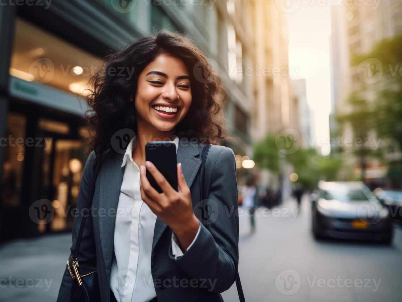 AI generated Joyful Businesswoman with Smartphone photo