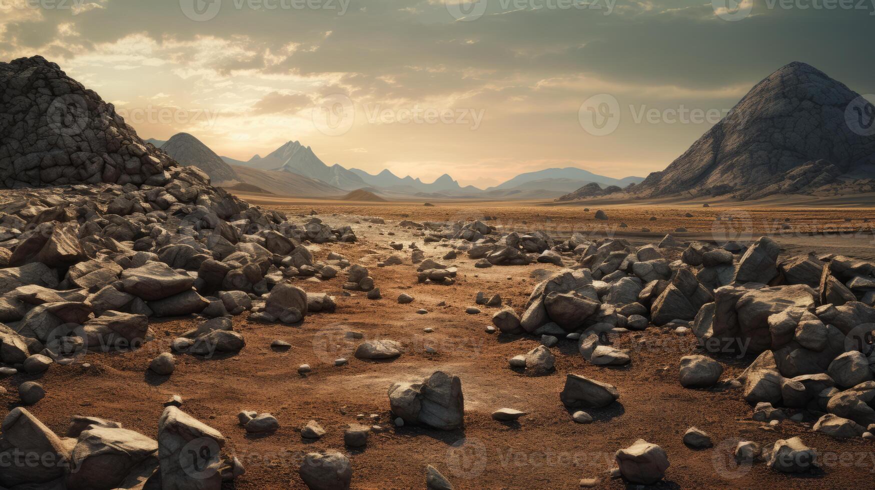 AI generated Dry land with rocks and mountains photo